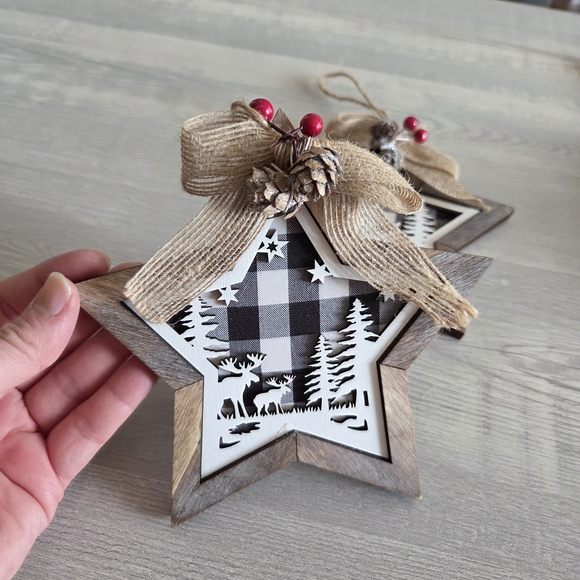 Hobby Lobby Woodland Star Ornaments with Burlap and Red Accents (Set Of 2) - Picture 3 of 5